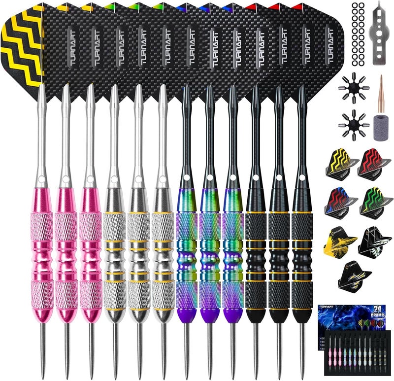 Turnart Darts Metal Tip Set - Steel Tip Darts Darts Set Professional Metal Darts 12 pcs 22/24 Grams Pro Dart Set with Stylish Case Aluminum Shafts Extra 9 Flights - Image 1